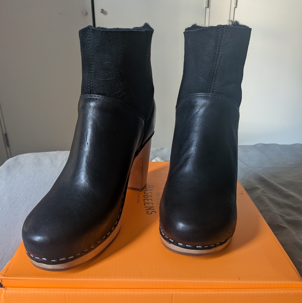 Swedish Hasbeens Black Leather Heeled Boots